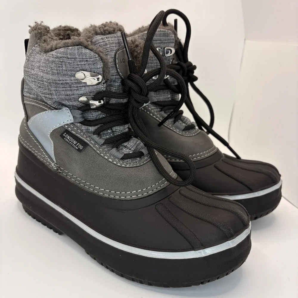 London Fog Croydon Kids Grey Black Faux Fur Lined Duck Winter Boots Size 2